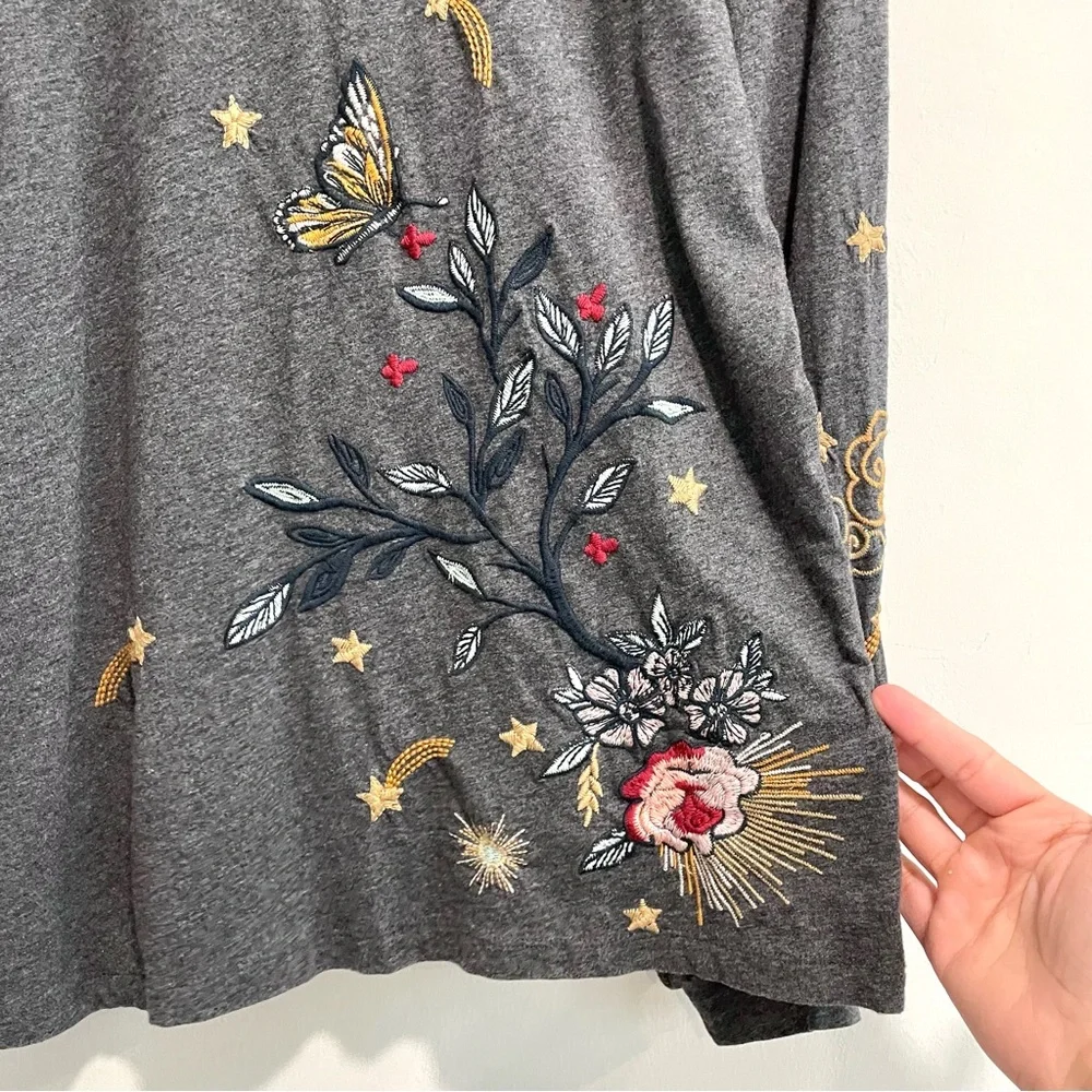 Johnny Was Selah Cuffed Puff Long Sleeve Embroidered Floral Celestial Bird Top